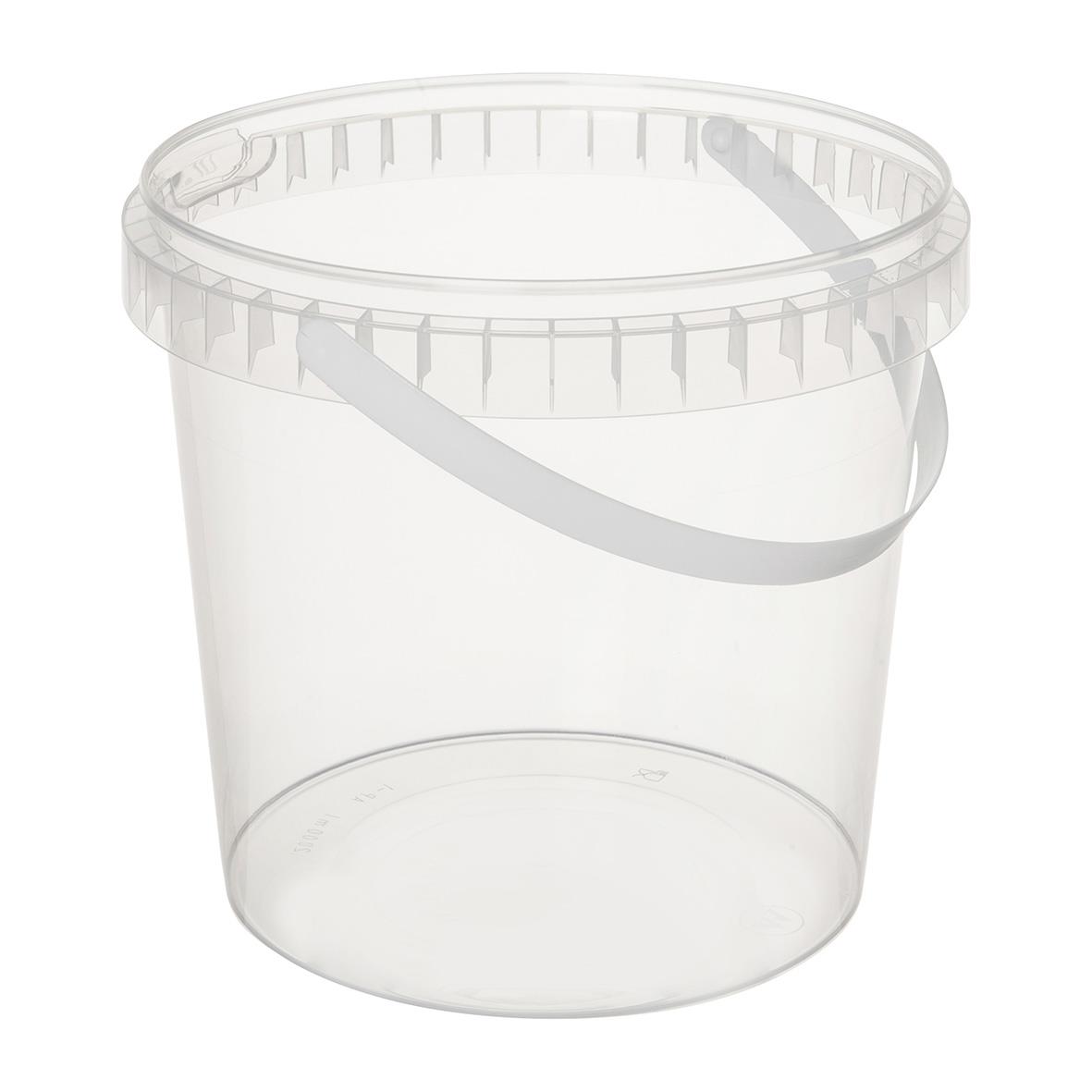 Tydlig tom plastbytta med handtag, användbar för förvaring eller som behållare