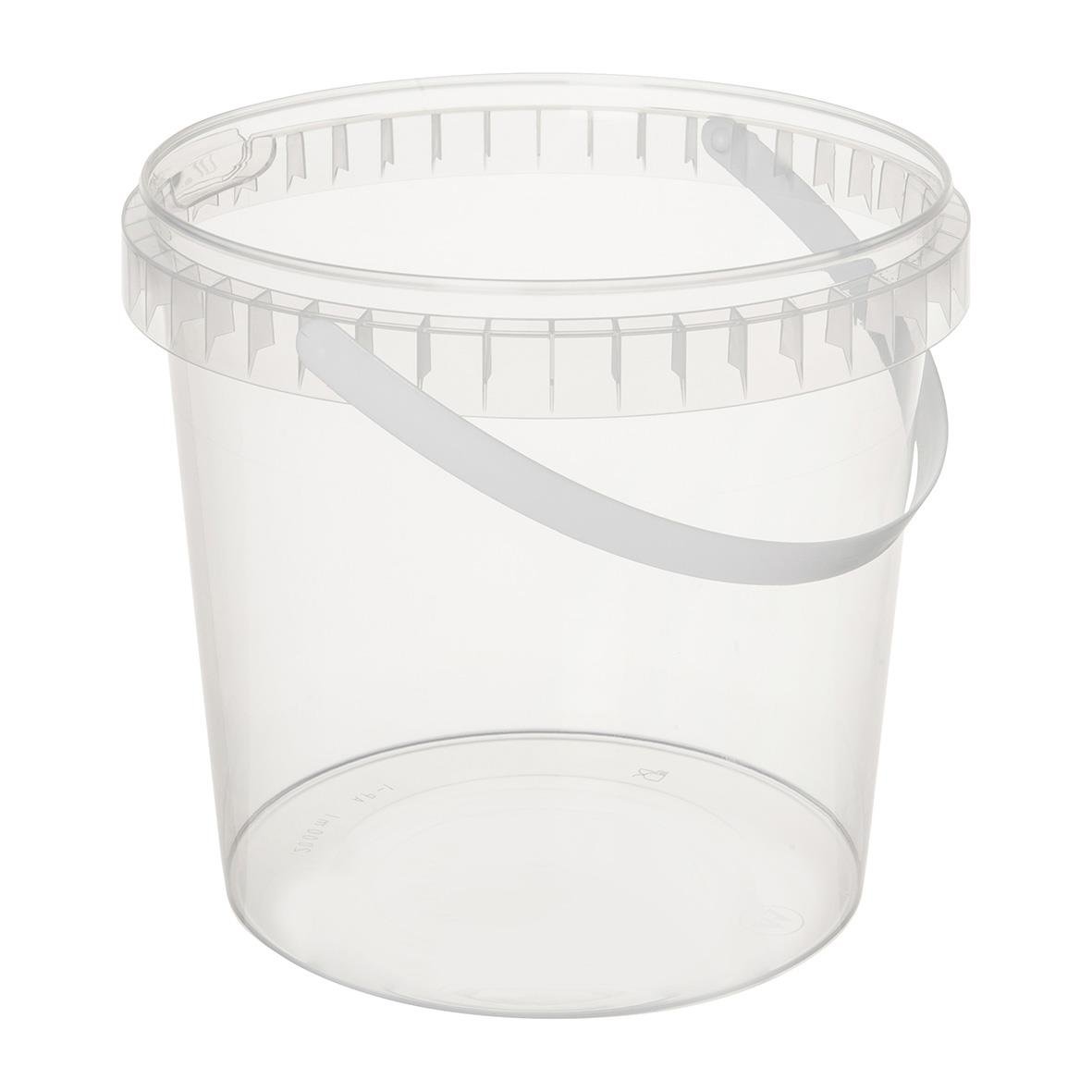 Tydlig tom plastbytta med handtag, användbar för förvaring eller som behållare