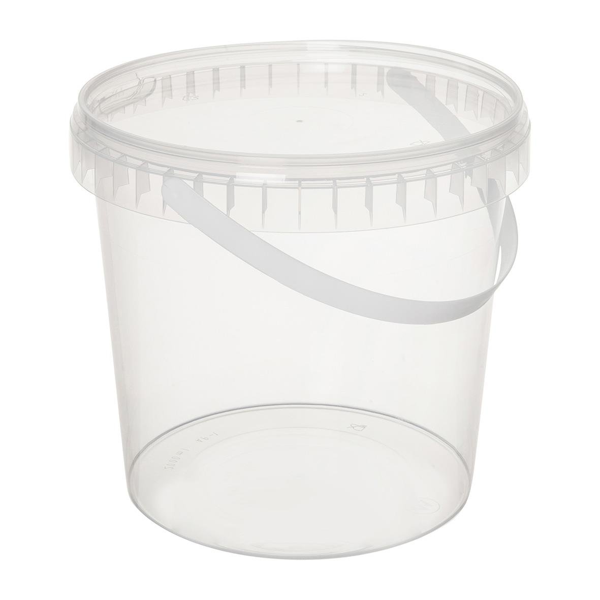 Transparent plastburk med lock och handtag, tom och utan innehåll