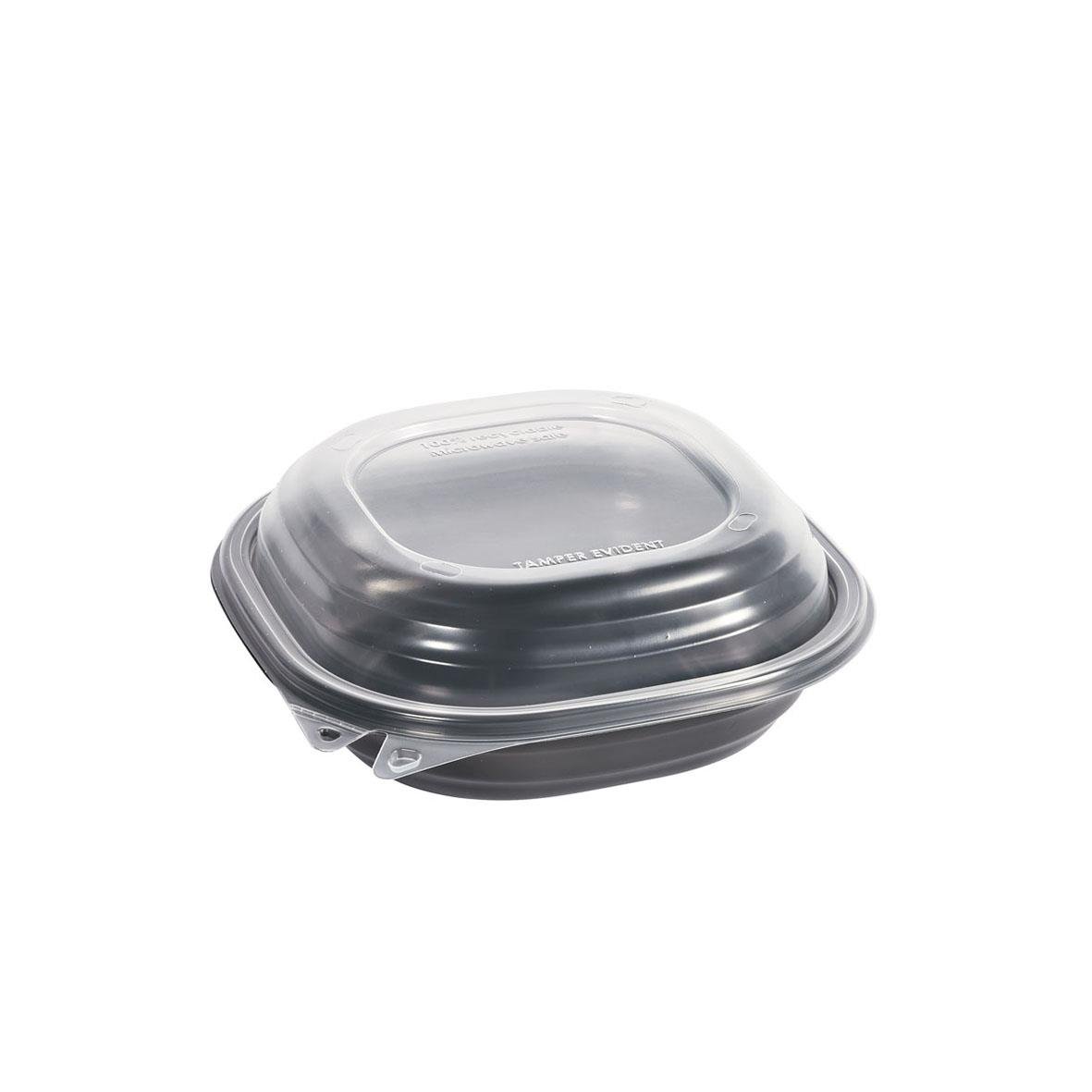 Rund svart och transparent plastbehållare med lock för matförvaring