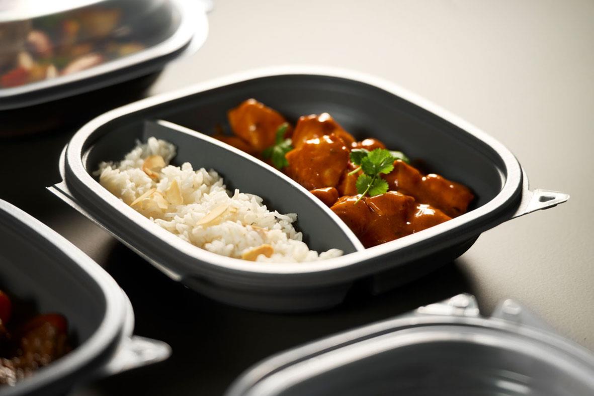 Plastform Duni Vista PP L 2-facks grå matlåda med ris och köttgryta