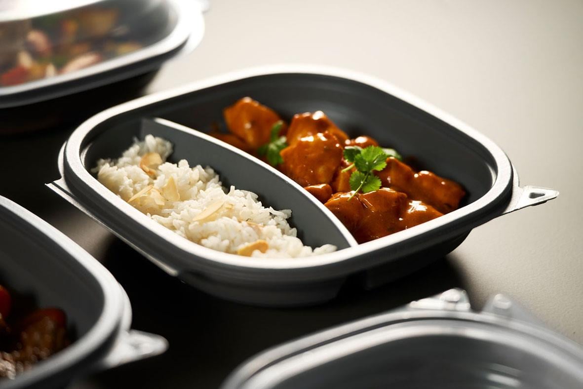 Plastform Duni Vista PP L 2-facks grå matlåda med ris och köttgryta