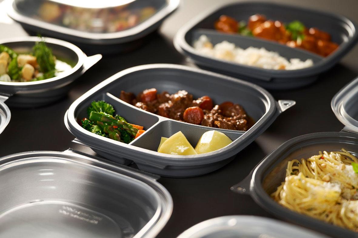 Plastform Duni Vista PP L 3-fack grå matlådor med olika rätter