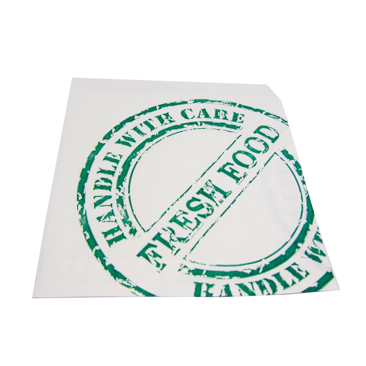 Liten hamburgerficka 120x120mm med grön stämpeltext Handla med care