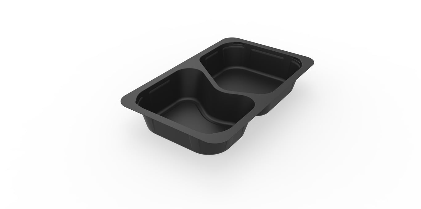Svart plastform Duniform 1/4 GN 2-F PP med två avdelningar, kapacitet 630/490 ml