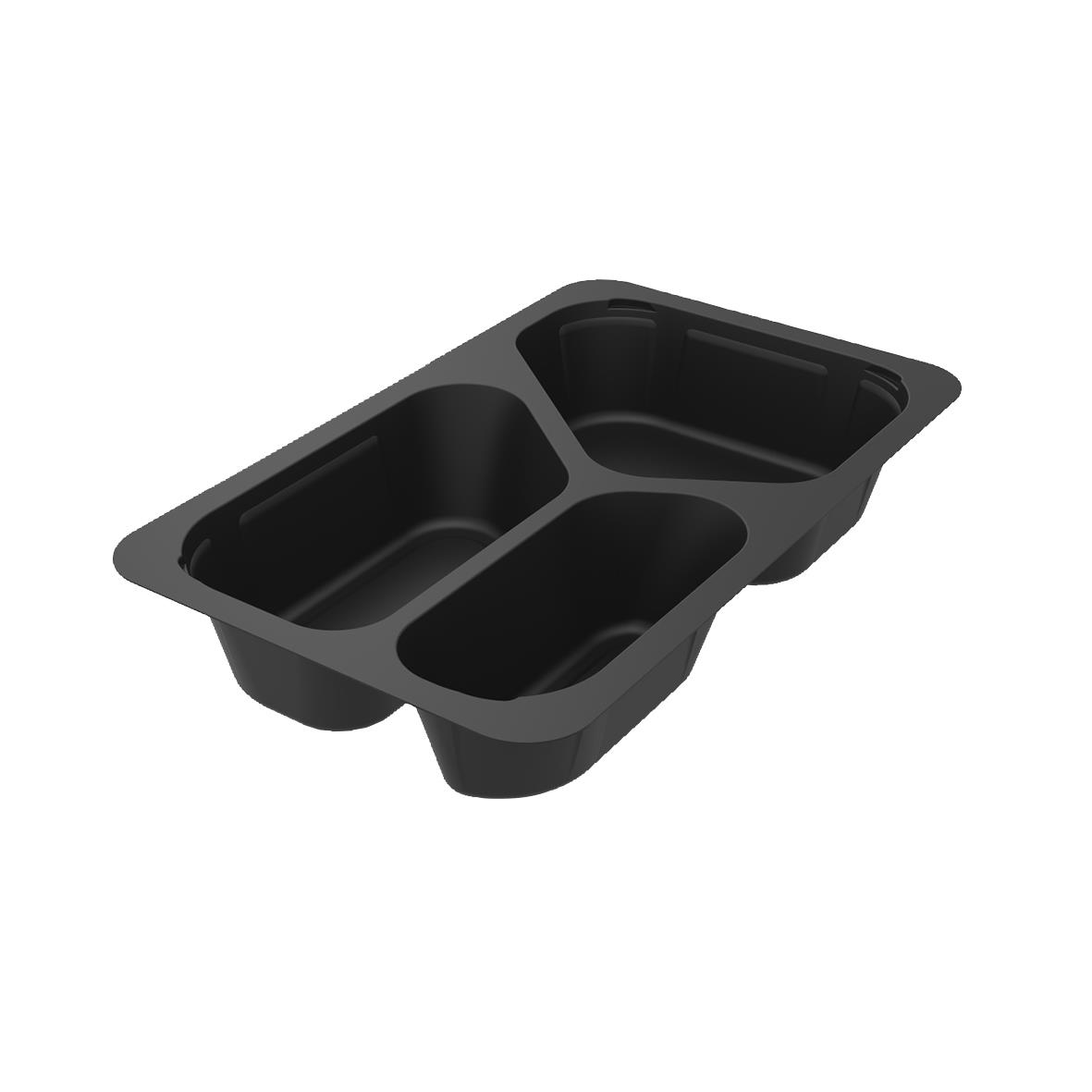 Svart plastform med fyra avdelningar i olika storlekar, 500/380/210ml, för matportionering