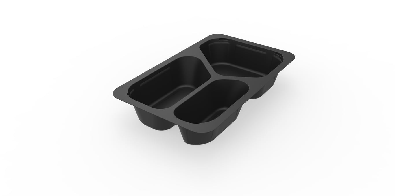 Svart plastform med fyra avdelningar i olika storlekar, 500/380/210ml, för matportionering