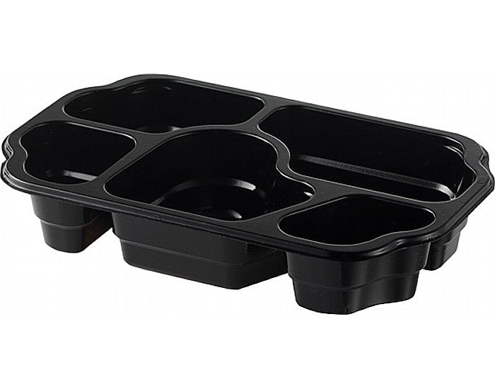 Svart plastmatlåda med flera fack för matförvaring i olika storlekar