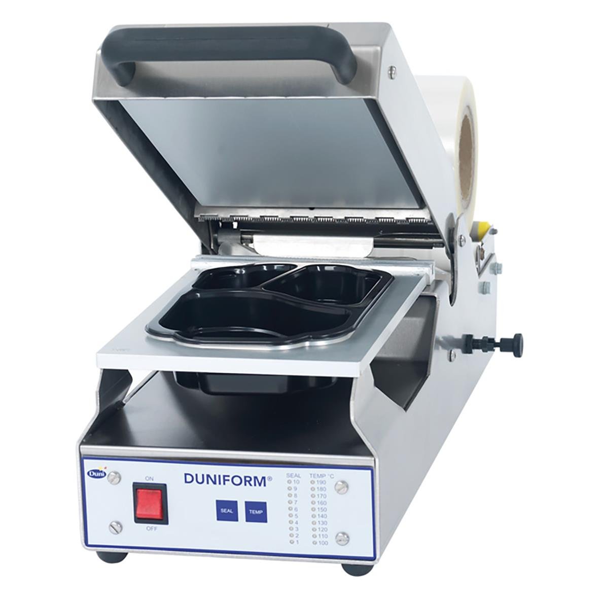 Förslutningsmaskin Duniform DF20 halvautomatisk med lock och kontrollpanel