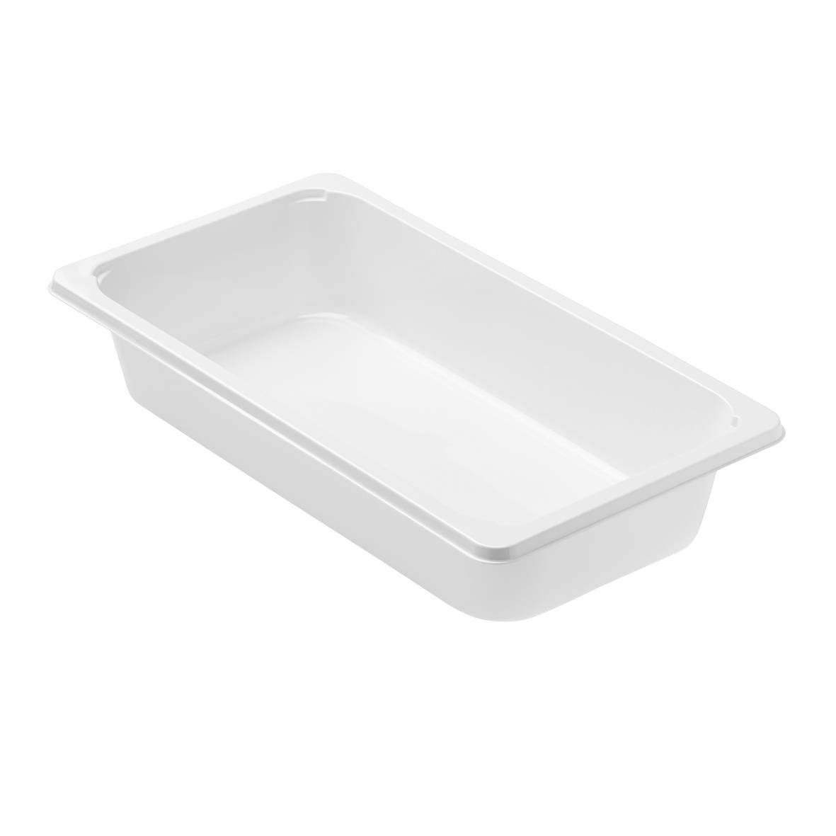 En vit plastlåda med avlånga form och raka kanter