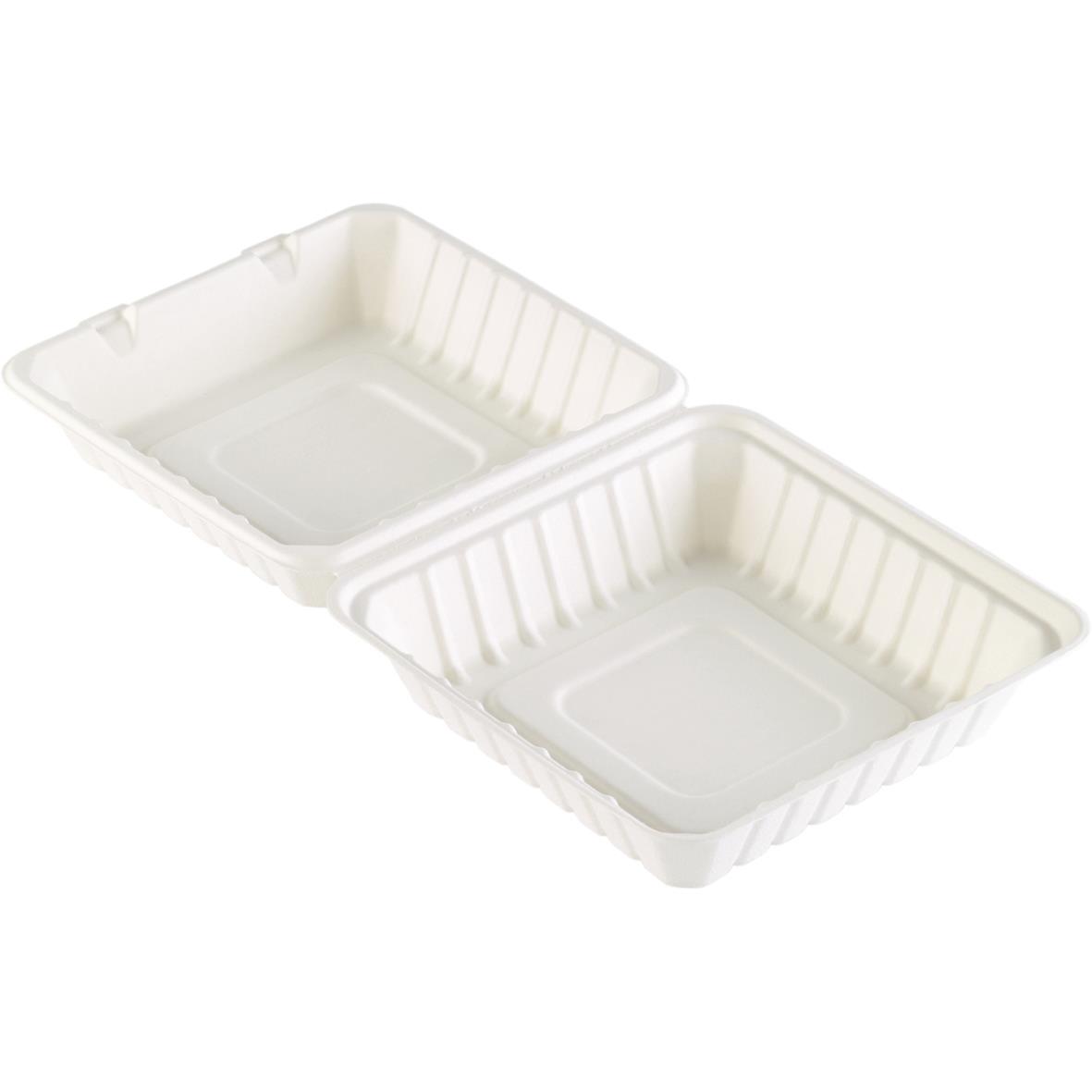 Vit hämtbox av biobaserad bagasse med lock, mått 225x201x85mm