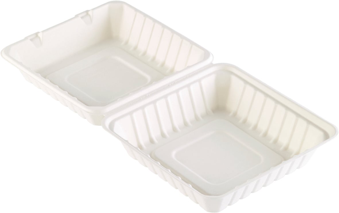 Vit hämtbox av biobaserad bagasse med lock, mått 225x201x85mm