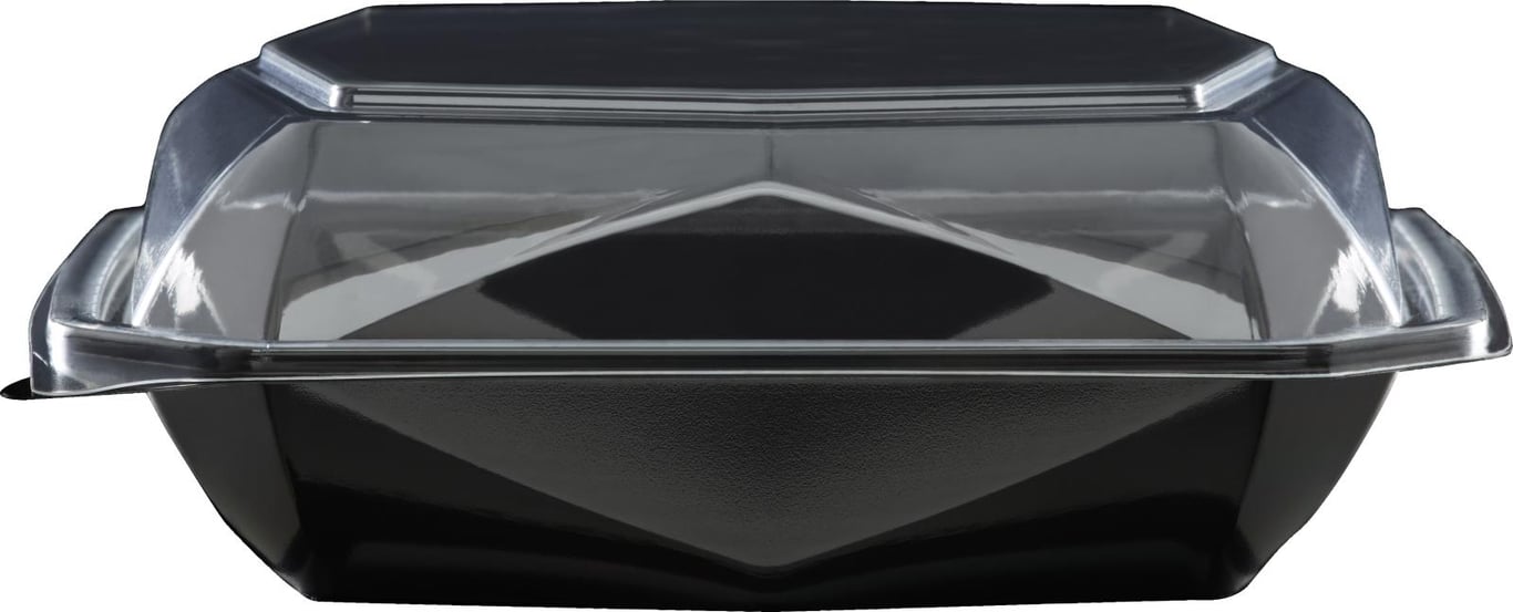 Svart och klar plastlåda från Duni Octaview i APET, 625 ml