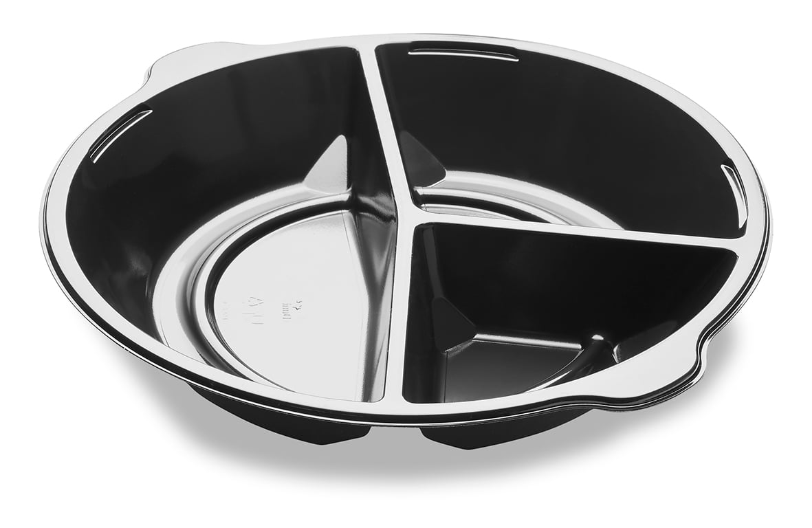 Svart plastform med tre avdelningar för servering, rund form