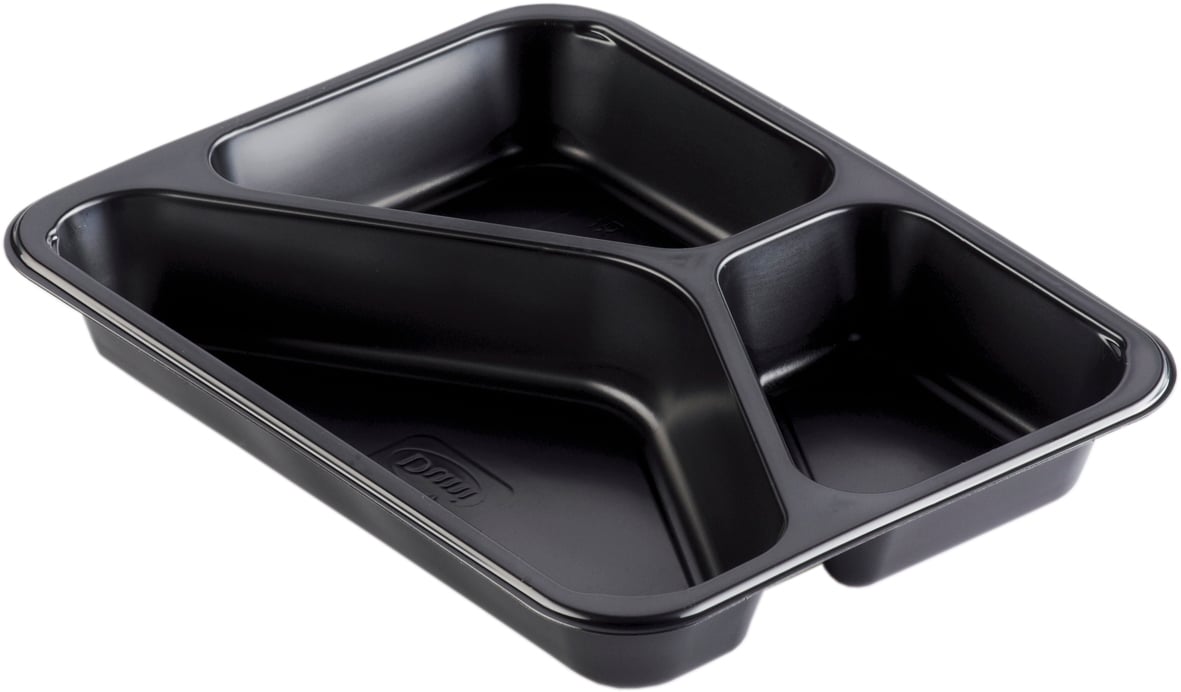 Svart plastlåda med tre separata avdelare för matportioner, modell Plastform Duniform Caterline 3-F PP