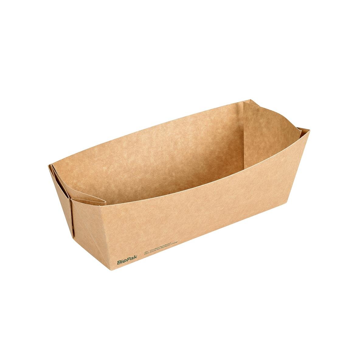 En oval kartong av brunt papper med måtten 225x85x75mm