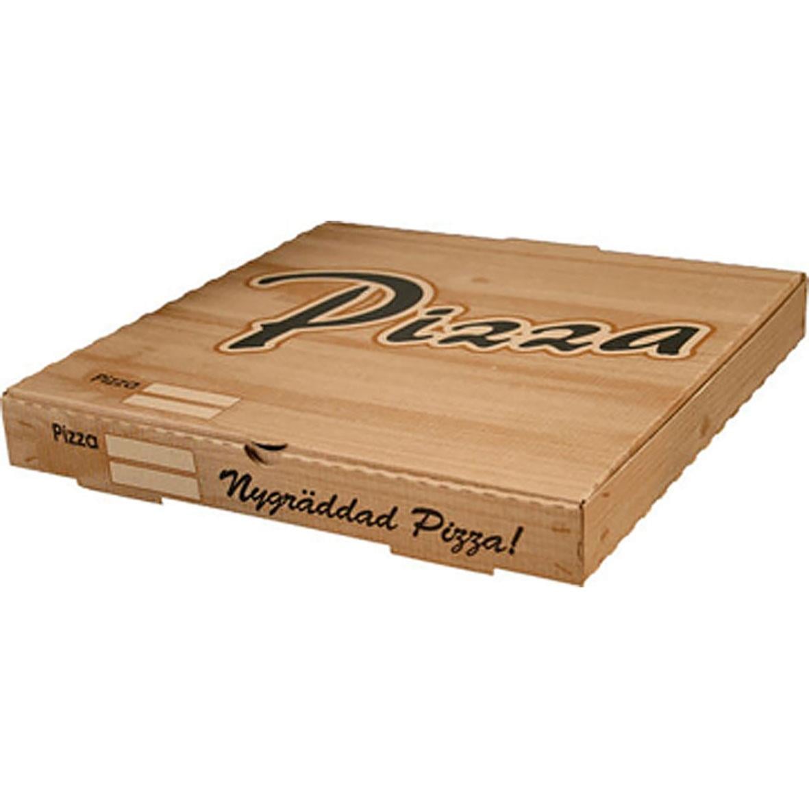 Pizzakartong i naturfärgat wellpapper med pizza-tryck och text Nygärdad Pizza