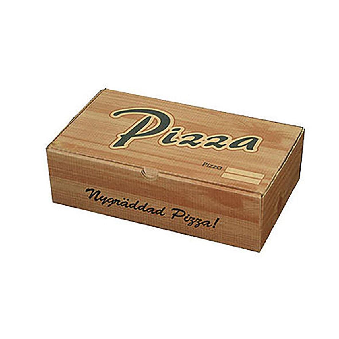 Pizzakartong i trälook med texten Pizzak och Nypreparerad Pizza