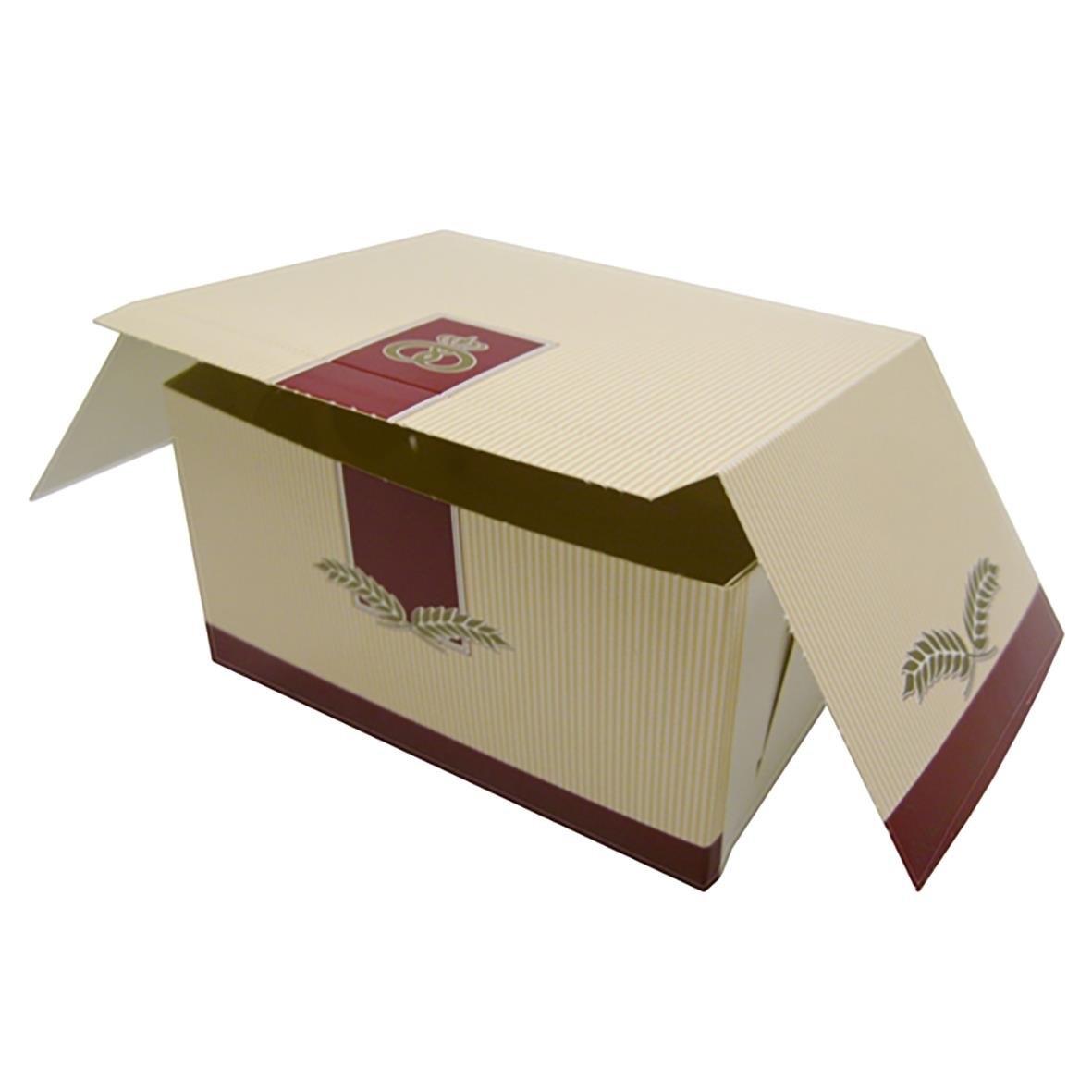 Bakelsekartong i kvadratisk form med öppning upptill, beige med rosa och gröna detaljer, mått 14x11x8cm