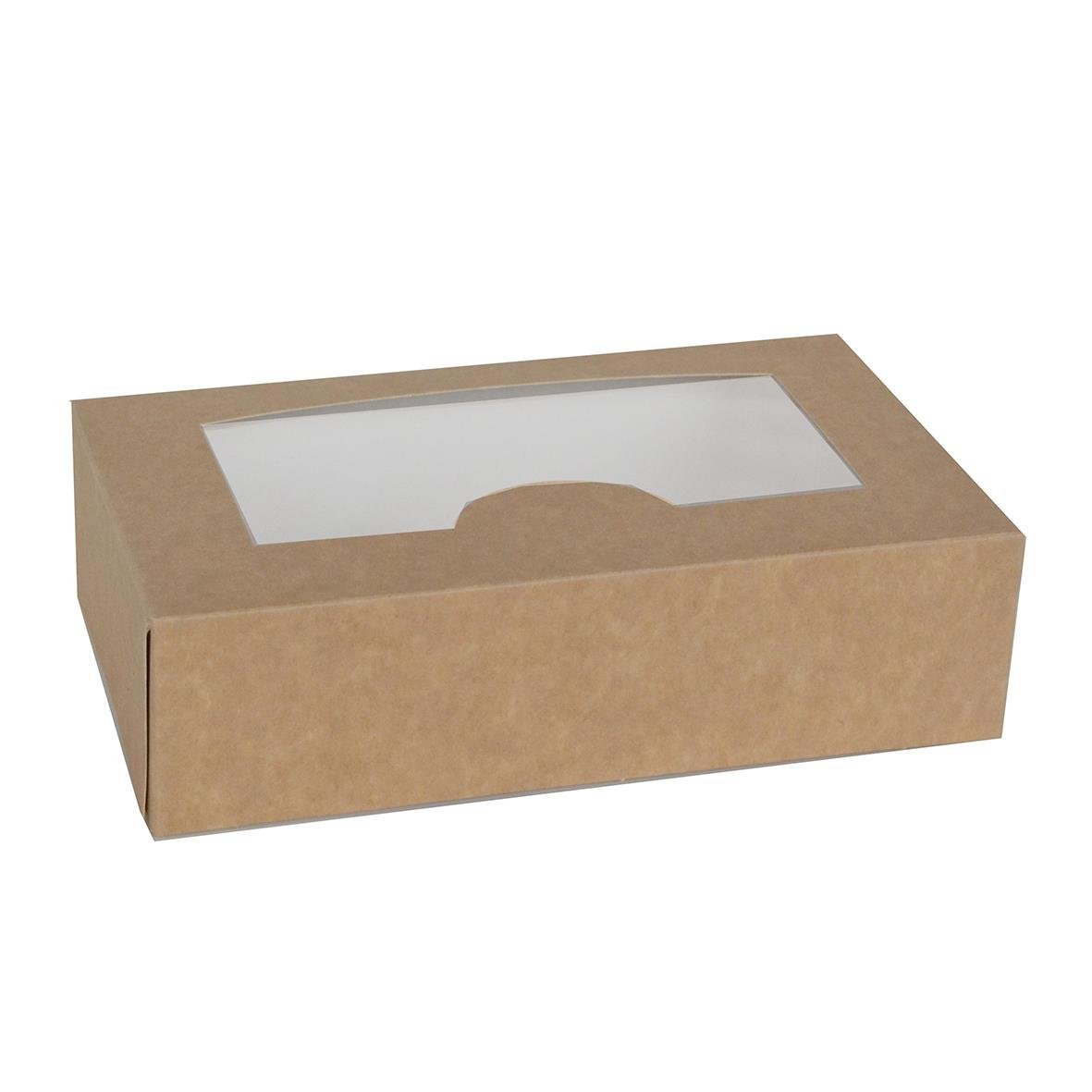 Brun kartonglåda med fönster för 6-punkt förpackning, storlek 180x110x50mm