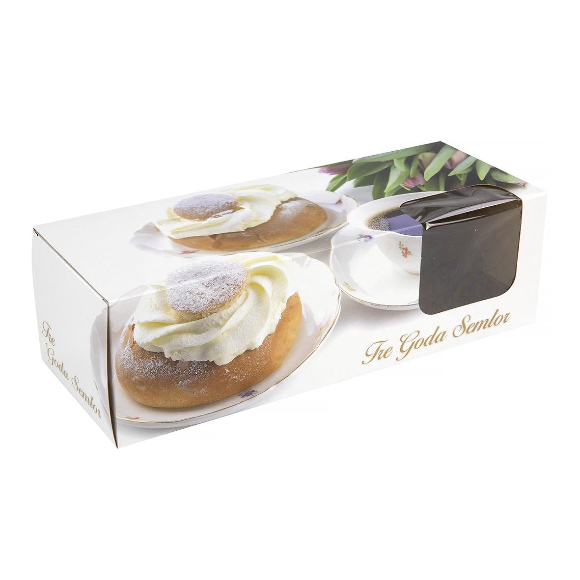 Semlekartong Fönster 3-Pack Dekor 280x105x85mm med bilder av semlor och blomster på förpackningen