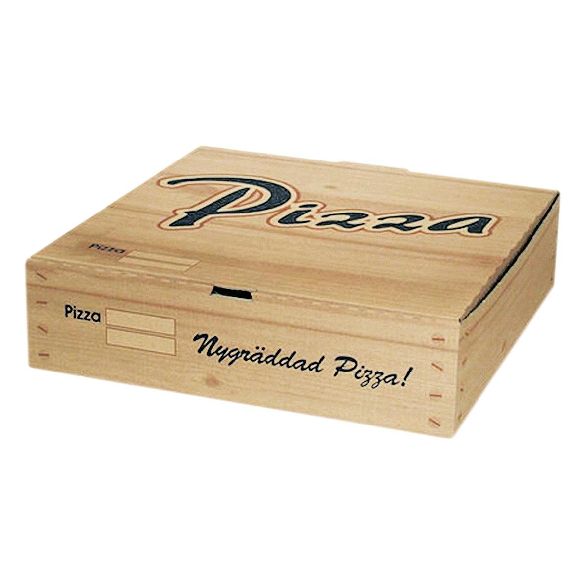 Pizzakartong med tryck för nygräddad pizza, storlek 280x280x80mm