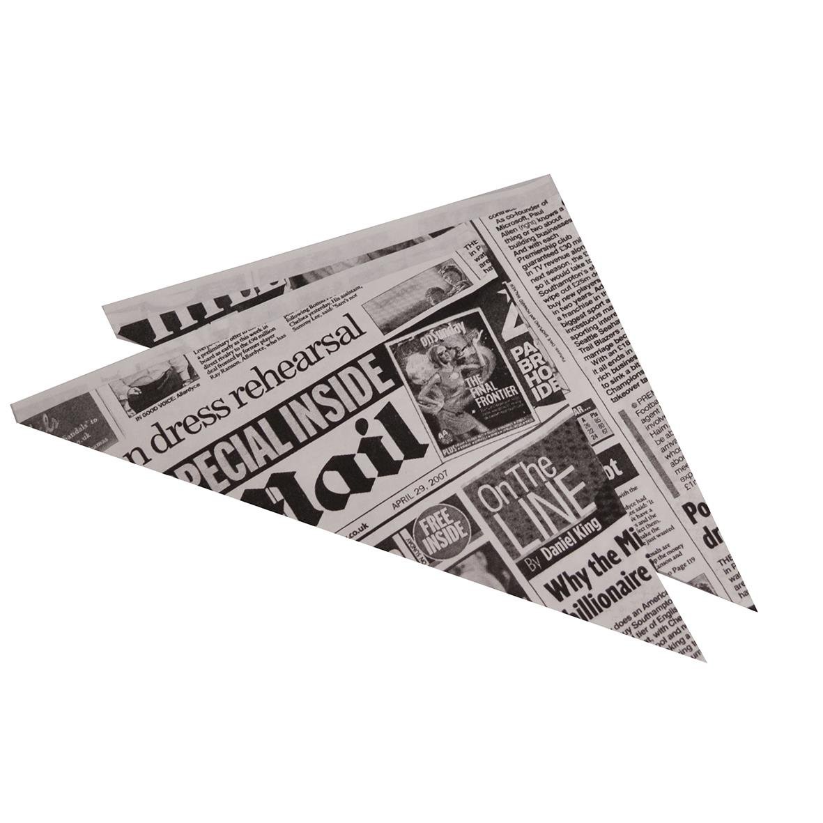 Tidningstryck med rubriker om Fish & Chips i en 260x180x180mm förpackning