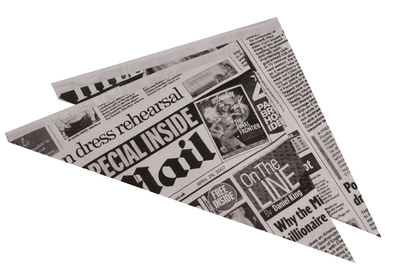 Tidningstryck med rubriker om Fish & Chips i en 260x180x180mm förpackning