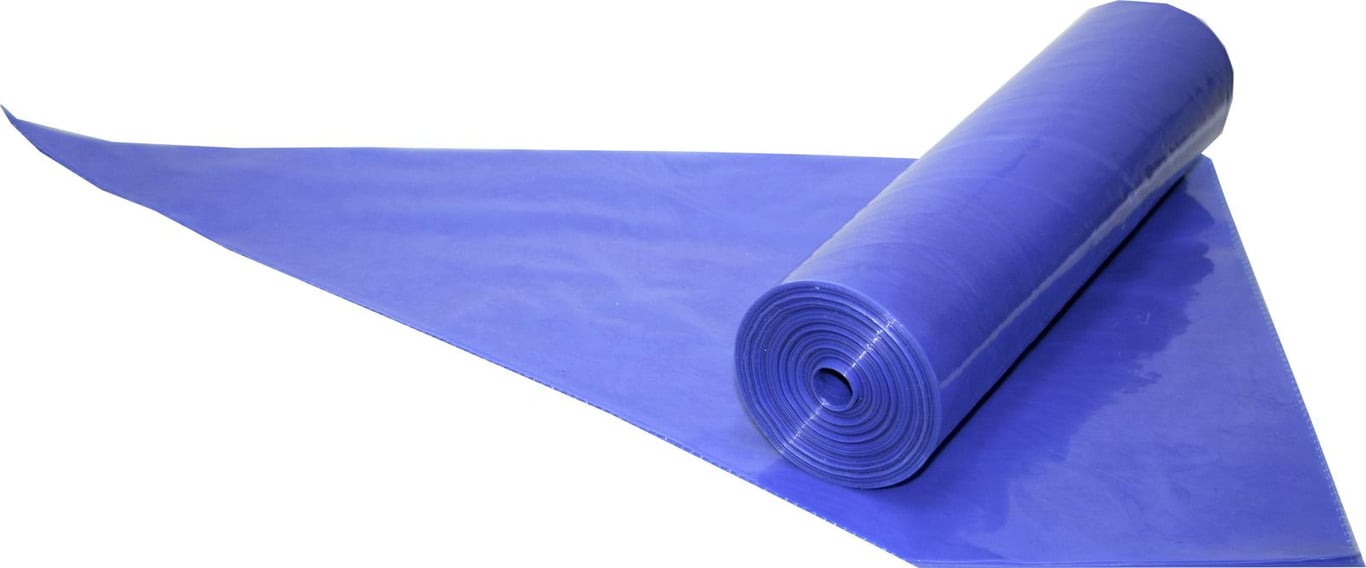 Blå engångsspritspåse på 53 cm rullad och utbredd