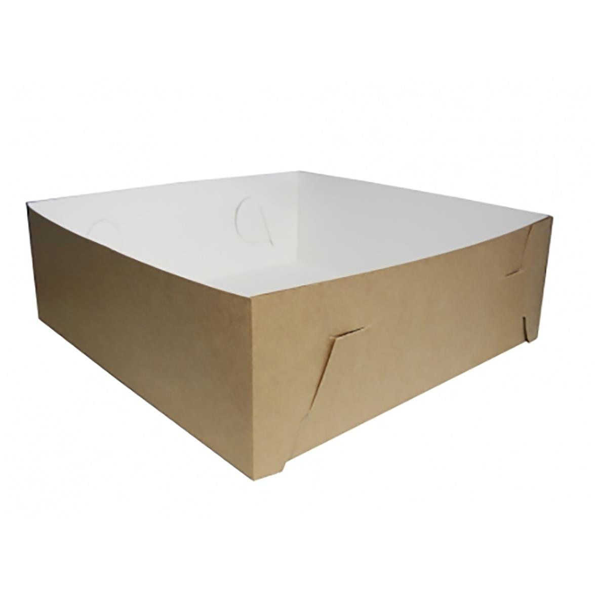 Brun och vit tårtbotten i kartongform med måtten 350x350x120 mm