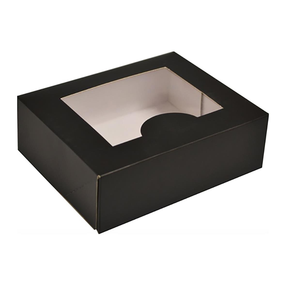 Svart kartongfönster med genomskinlig topp och måtten 145x125x50 mm