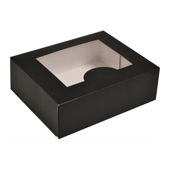 Svart kartongfönster med genomskinlig topp och måtten 145x125x50 mm