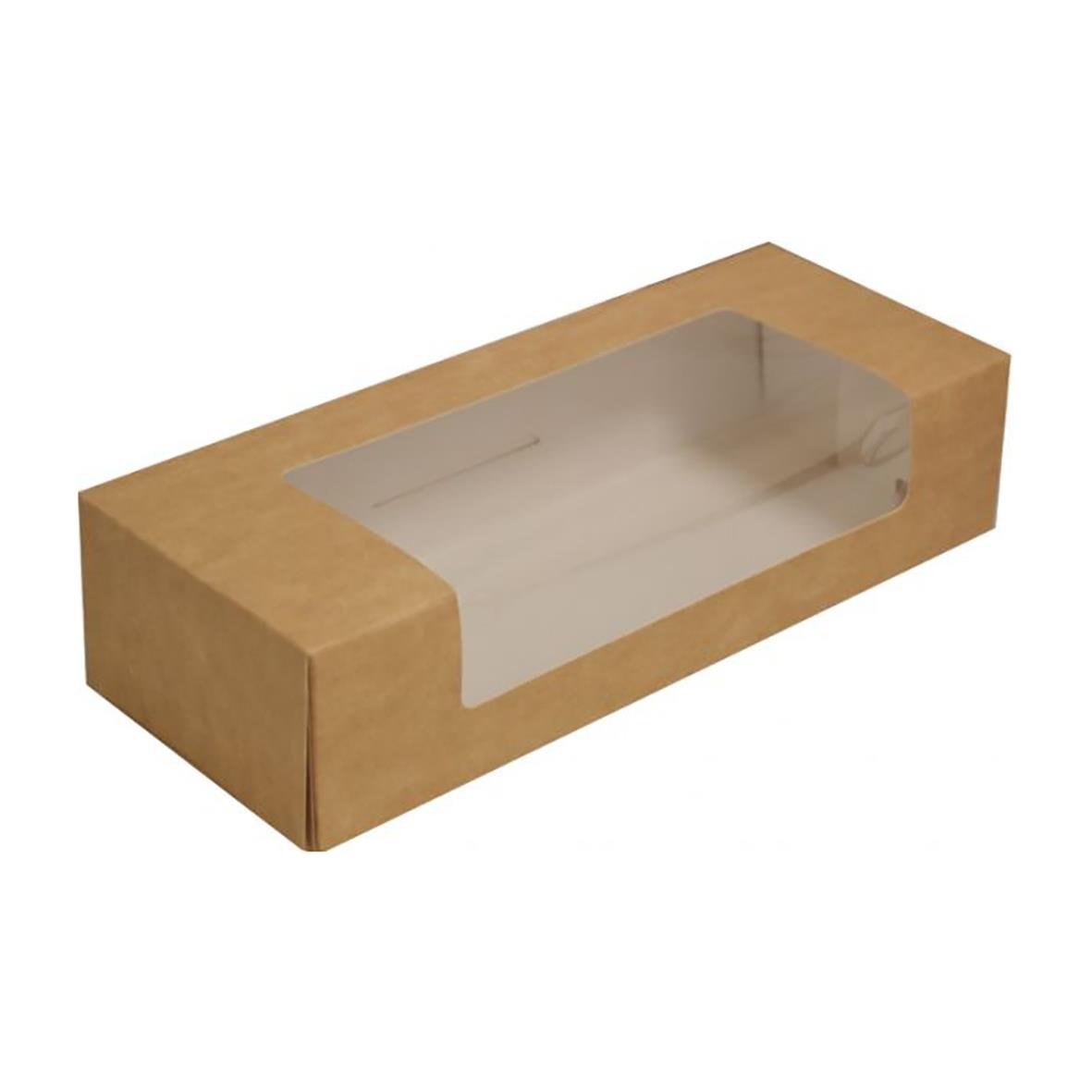 Brun kartonglåda med genomskinligt fönster för förvaring av produkter 260x100x60 mm