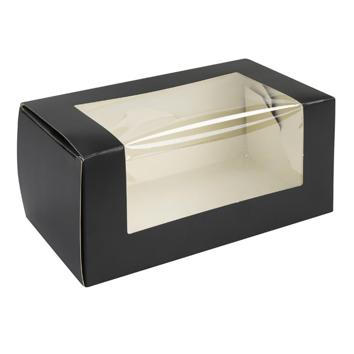 Svart fönsterkartong med genomskinlig lucka och måtten 185x105x85mm