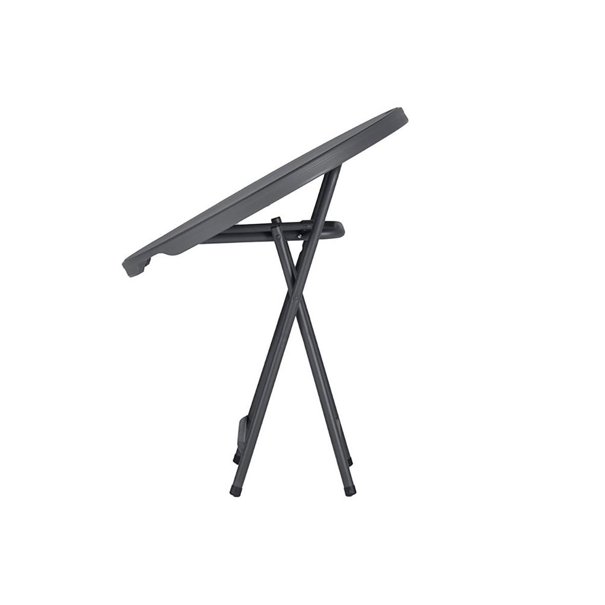 Fällbart bord i mörkgrå färg med rund diameter 81 cm och höjd 74 cm, lätt att ställa undan