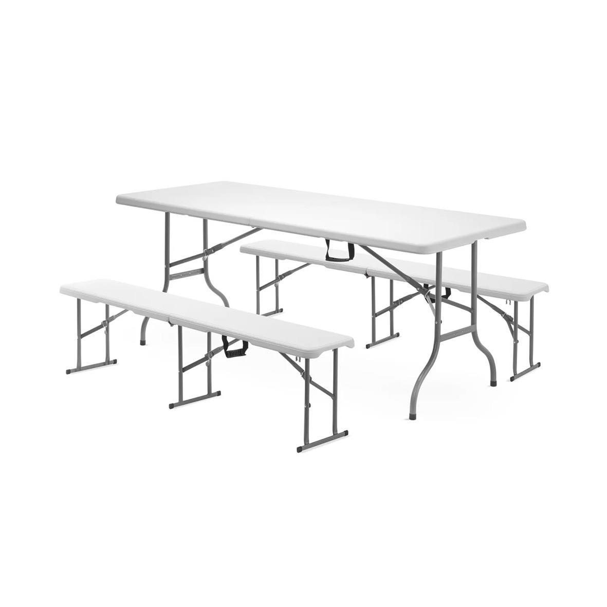 Fällbord Hendi med vit bordsskiva och hopfällbara ben, mått 1830x750x740mm