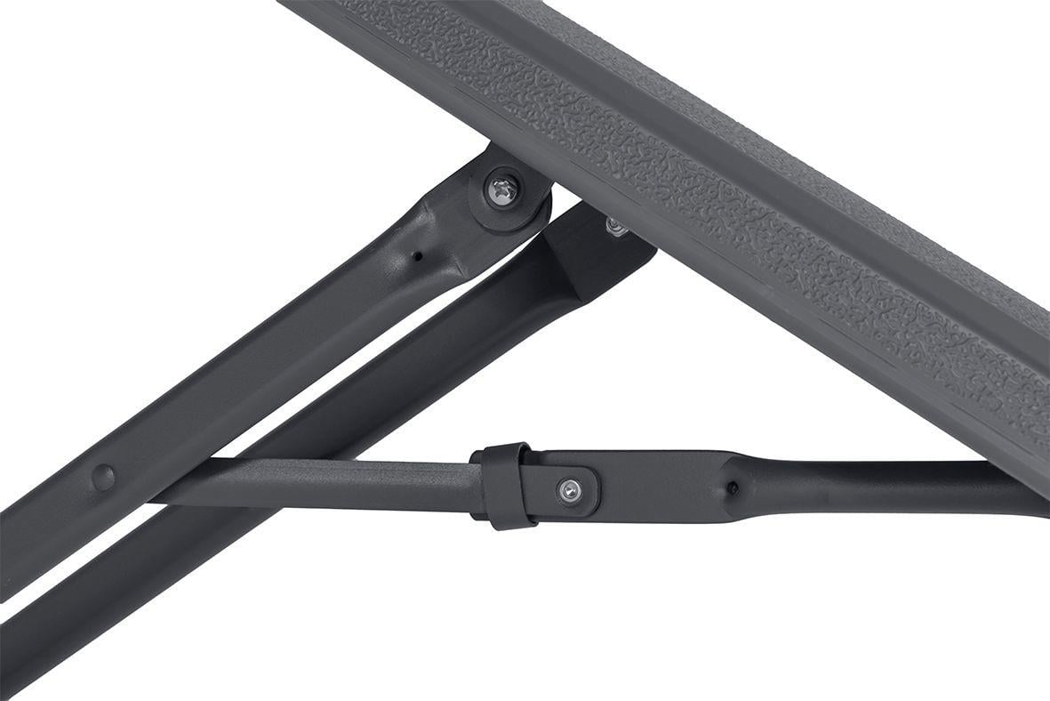 Fällbar mörkgrå bänk med justerbar stöd och metallram