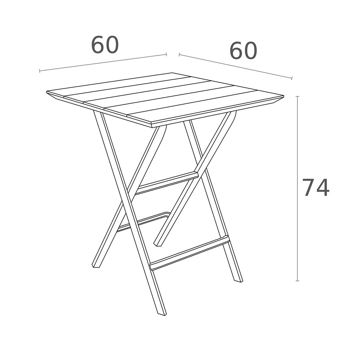 Fällbart svart bord med måtten 60x60x74cm, visar en skiss av bordets design och mått.