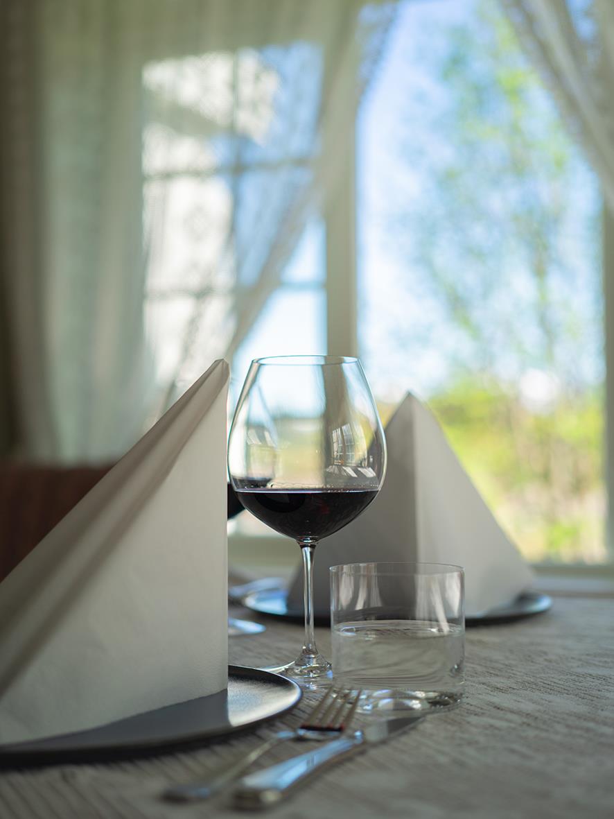 Vinglas Riedel Vinum Pinot Noir på ett dukat bord med glas och bestick, bakgrund av fönster med utsikt mot träd och himmel