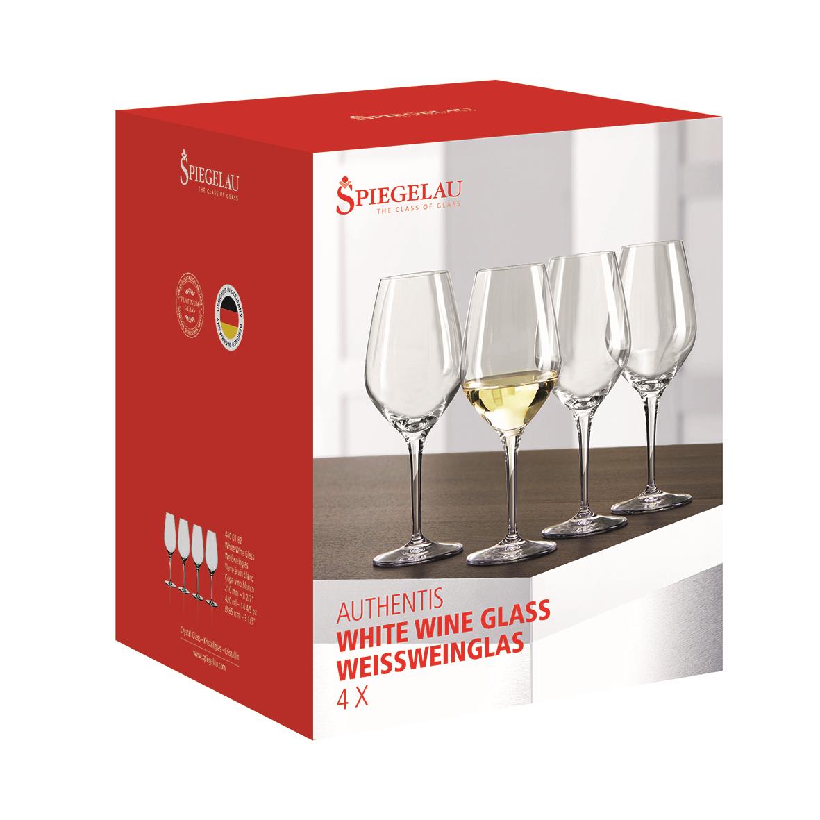 Fyra vita vinglas Spiegelau Authentis med kapacitet 42cl på vit bakgrund
