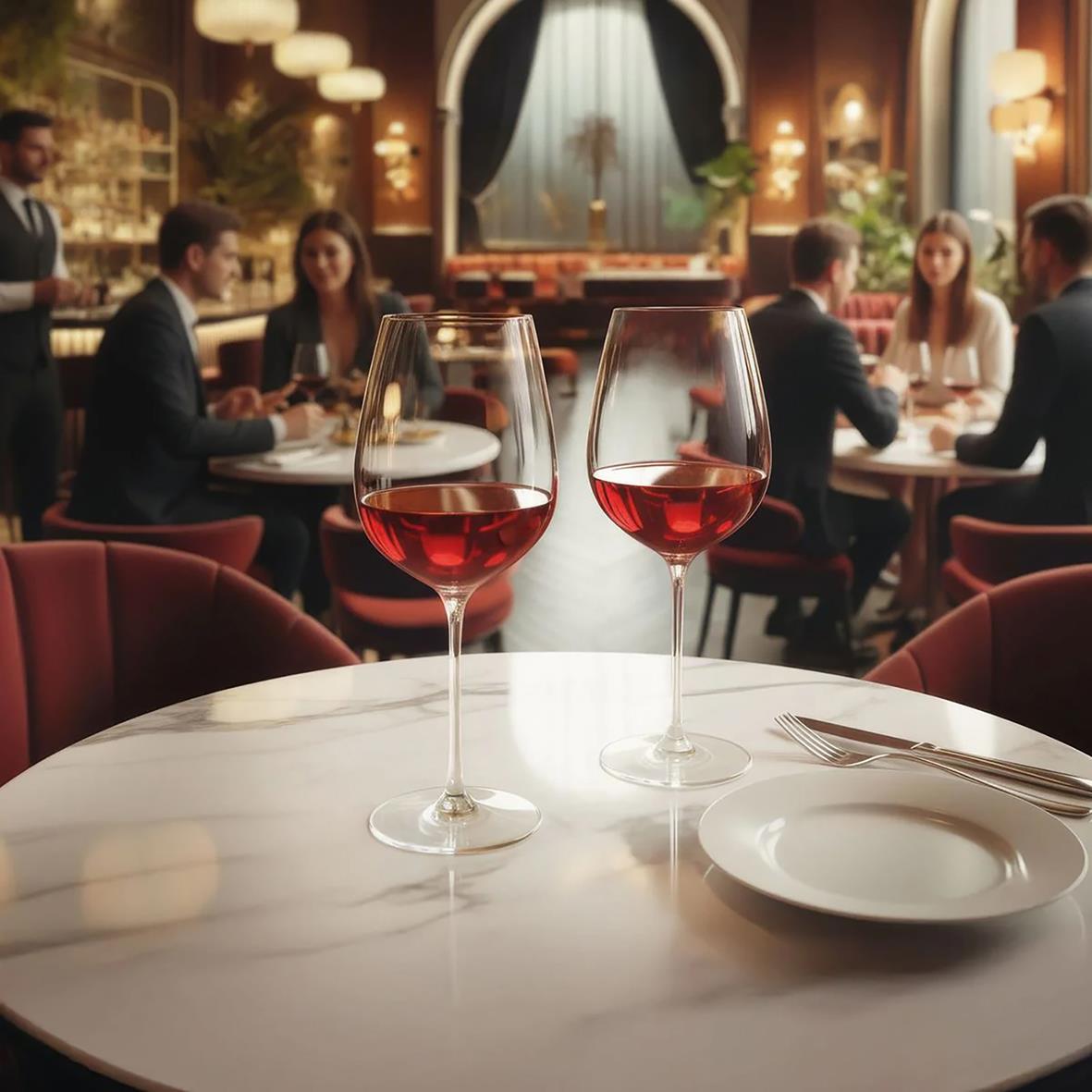 Två vinglas med rödvin på ett bord i en elegant restaurang