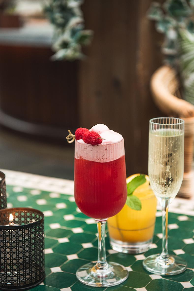 Champagneglas Stripe Polykarbonat Ø50x233mm 18cl med röd drink och bär, på grönt bord