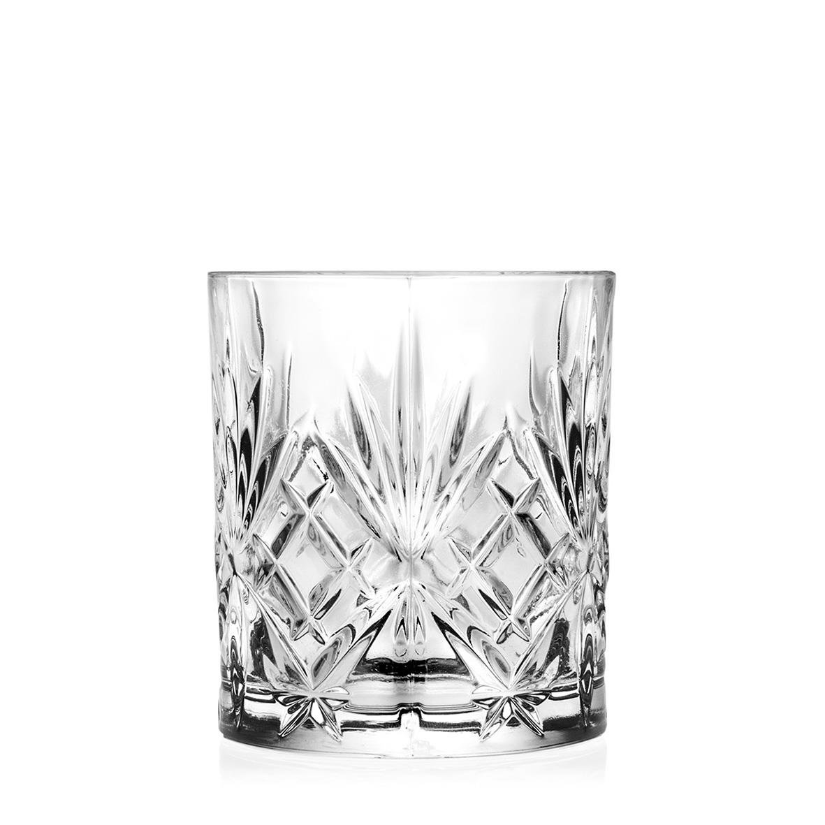 Klar RCR Melodia Old Fashioned drinkglas med snedskurna mönster, Ø75x85mm, 24cl