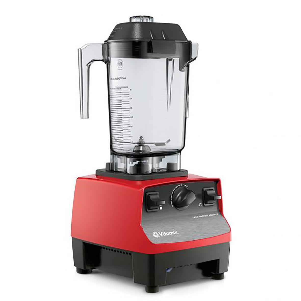Vitt och rött Vitamix Advance blender med kontrollknappar och stor behållare