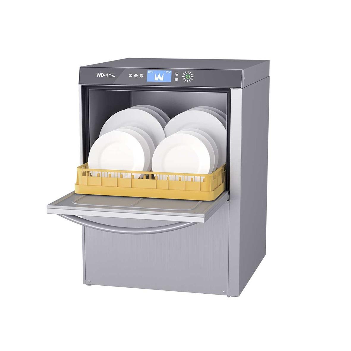 Diskmaskin Wexiödisk WD-4S Basic med vita tallrikar och gult diskmaskinsställ