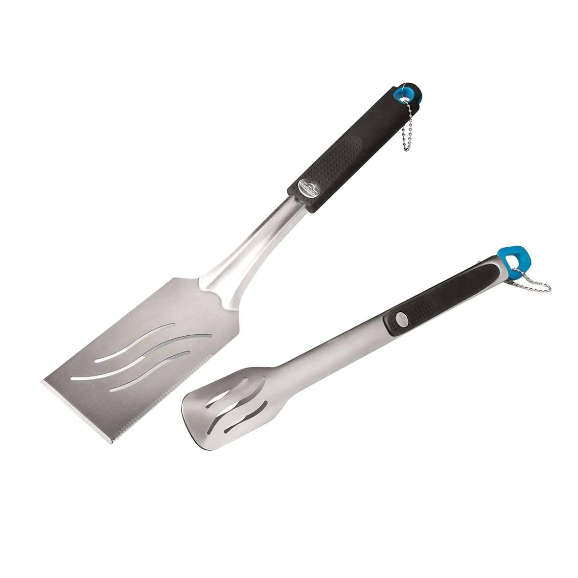 Två grillredskap, spade och gaffel, med svarta handtag och nyckelring