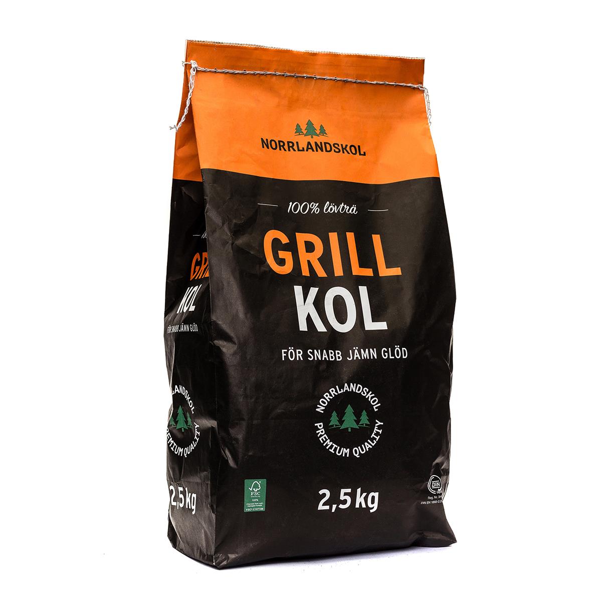 Grillkol Norrlandskol 2,5kg i svart och orange förpackning