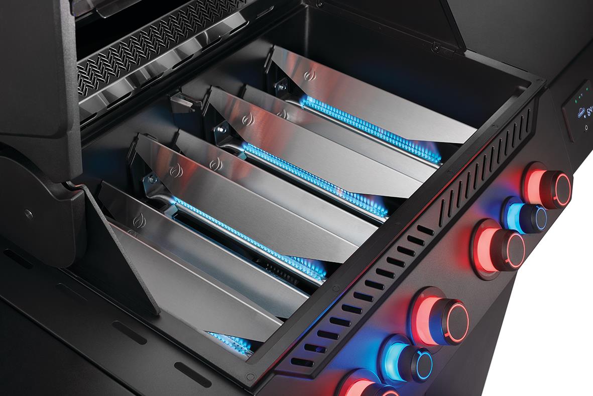 Gasolgrill Napoleon Prestige 500 Connected med sex brännare och blåa och röda kontrollknappar