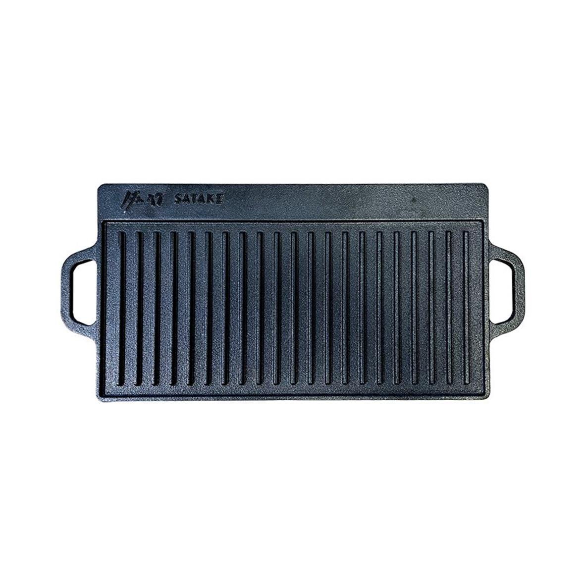 Vändbar gjutjärn stekplatta från Satake, 420x230x15mm, vikt 2,5kg, med räfflad yta för grillning