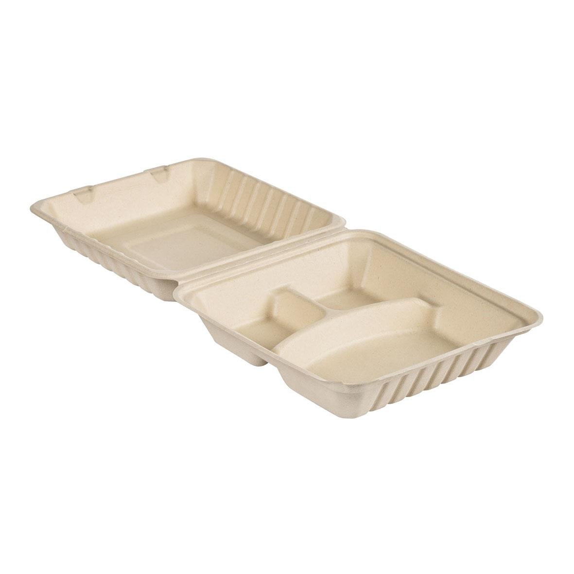 Vit hämtbox av biobaserad bagasse med lock och indelningar, mått 236x231x81mm